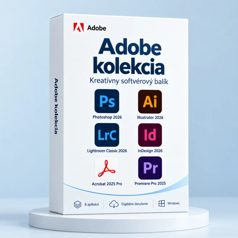 Adobe kolekcia pre Windows: Photoshop 2026, Illustrator 2026, Lightroom Classic 2026, InDesign 2026, Acrobat 2025 Pro a Premiere Pro 2025. Slovenský obal v dizajne Real Soft.